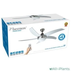 BESTRON DCF52LSR PLAFONDVENTILATOR MET AFSTANDSBEDIENING EN VERLICHTING 132 CM RVS / ZILVER / 60 WATT -Bestron bestron dcf52lsr plafondventilator met 5 aerodynamische ventilatorbladen afstandsbediening en verlichting 132 cm rvs zilver 60 watt 5 jaar garantie 8712184056781